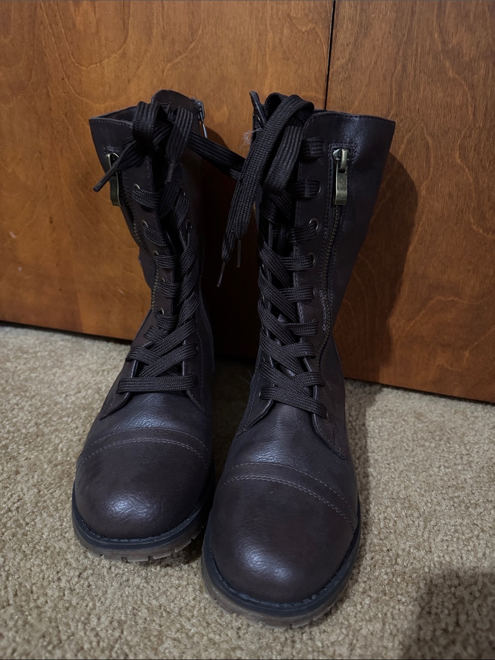 Dream Pairs Dark Brown Lace-Up Combat Boots with Side Zipper